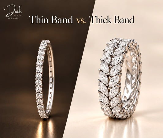 Thin diamond band and thick diamond band, by Dvik Jewels, comparing two sparkling ring styles on split background.