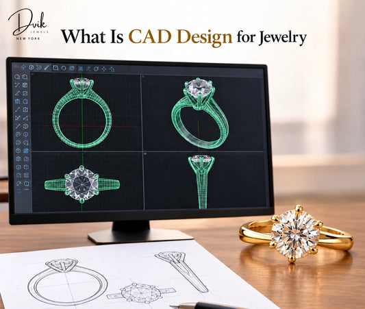 Jewelry CAD ring designs on a computer screen, by Dvik Jewels, beside a diamond engagement ring and technical sketches.
