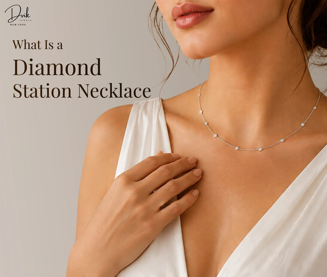 Woman wearing a delicate diamond station necklace by Dvik Jewels with evenly spaced diamonds, styled with a white dress.