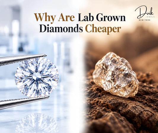 Lab grown and natural diamonds compared by Dvik Jewels Jewels, showing polished and rough stones on split background in image.