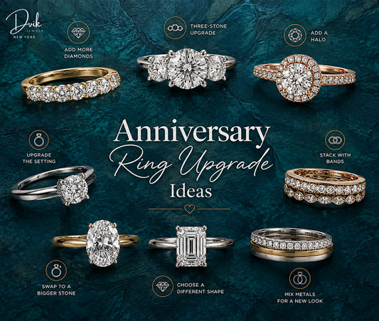Diamond anniversary ring upgrade guide by Dvik Jewels with bigger stones, solitaire, halo, three-stone, mixed metals & bands.