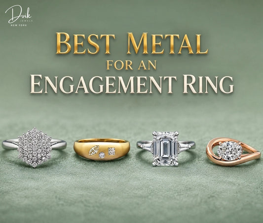 Best Metal for an Engagement Ring by Dvik Jewels banner comparing platinum, white gold, yellow gold, and rose gold rings.