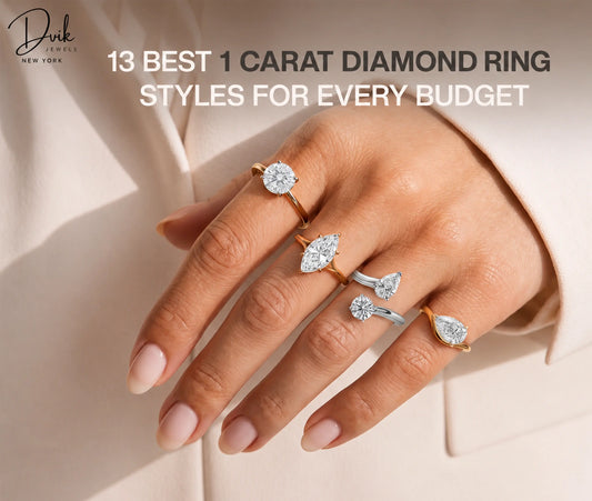 Close up of a hand modeling multiple 1-carat diamond rings in different cuts and styles by Dvik Jewels New York.