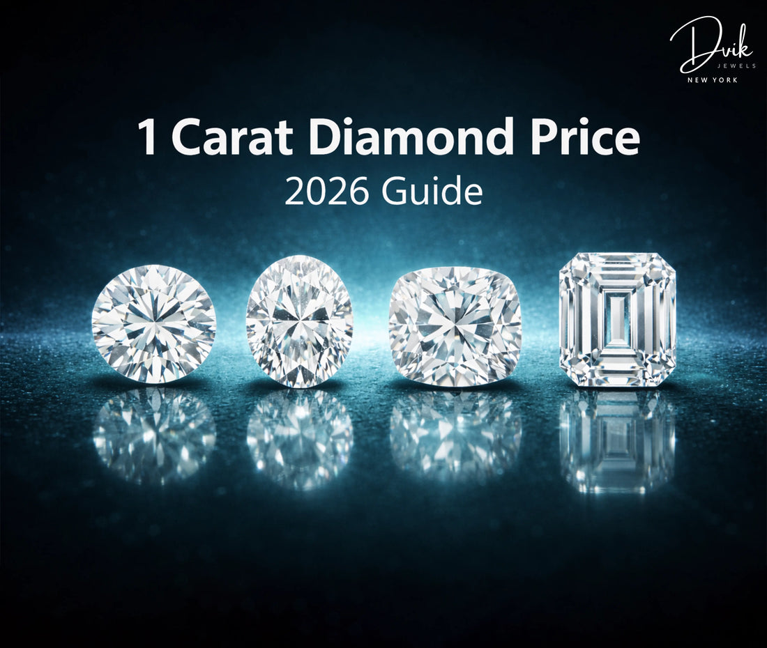 Dvik Jewels 2026 guide showing four 1 carat diamonds: Round, Oval, Cushion, and Emerald cuts.
