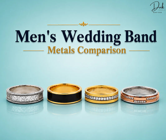 This banner compares men's wedding band metals by dvik jewels, featuring four types of metal.