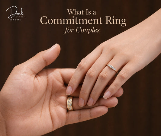 Couple holding hands with commitment rings by Dvik Jewels symbolizing love and lasting partnership.