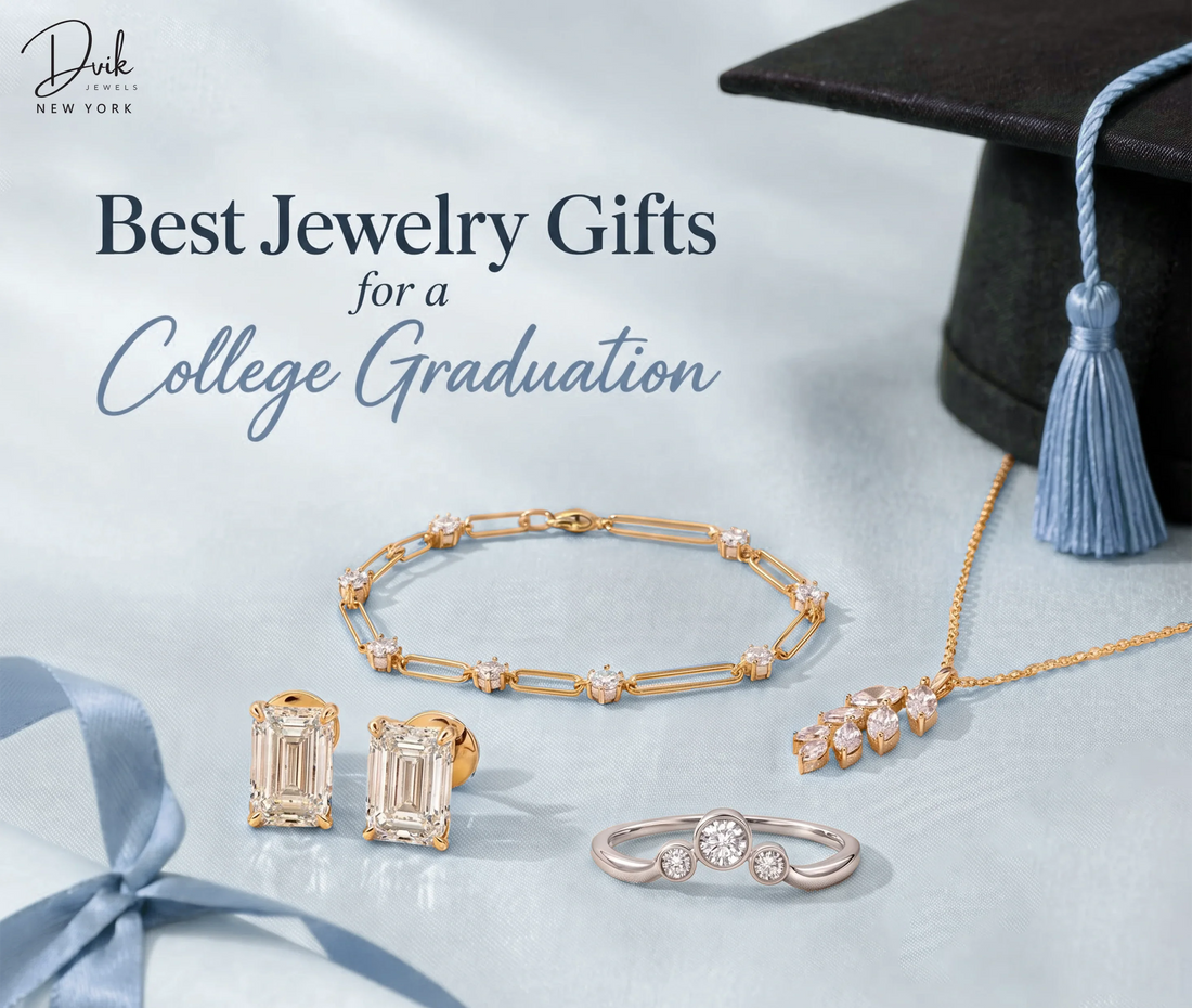 Dvik Jewels display featuring gold jewelry gifts like a bracelet, earrings, necklace, and ring for college graduation.