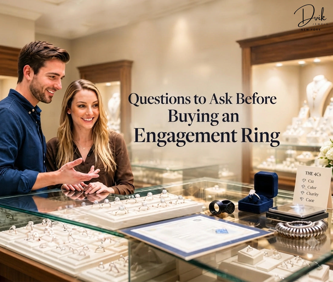 Couple choosing an engagement ring on a Dvik Jewels featured in the center and key questions to ask before buying.
