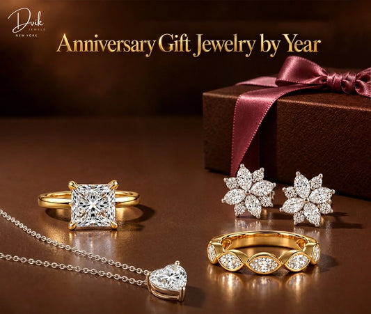Anniversary gift jewelry by year, featuring rings, diamond earrings and a heart pendant by Dvik Jewels on display.