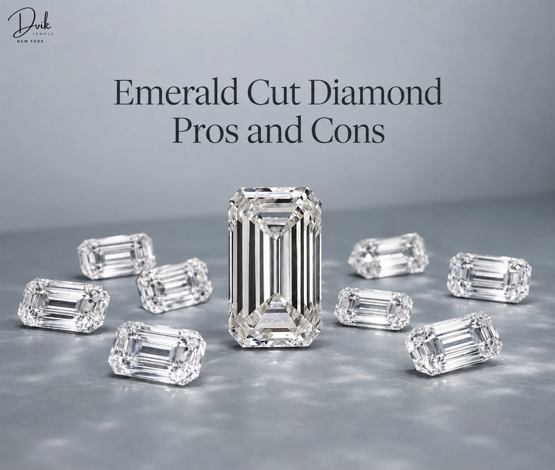 Emerald cut diamond pros and cons featuring Dvik Jewels, with a central emerald cut diamond and multiple diamond.