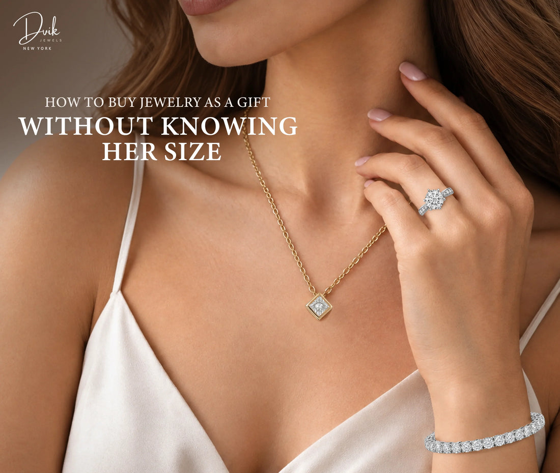 Woman wearing diamond jewelry from Dvik Jewels, showcasing gift ideas for her without knowing her diamond ring size.