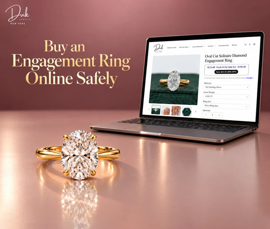 Diamond Engagement ring beside a laptop by Dvik Jewels guiding safe online lab grown diamond ring shopping.
