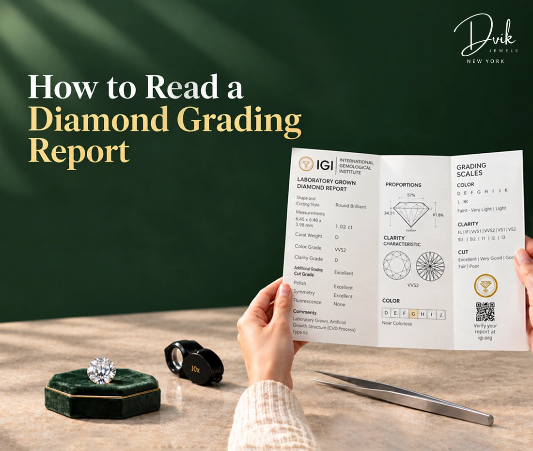 How to read a diamond grading report with diamond details and certification, explained by Dvik Jewels for buyers.