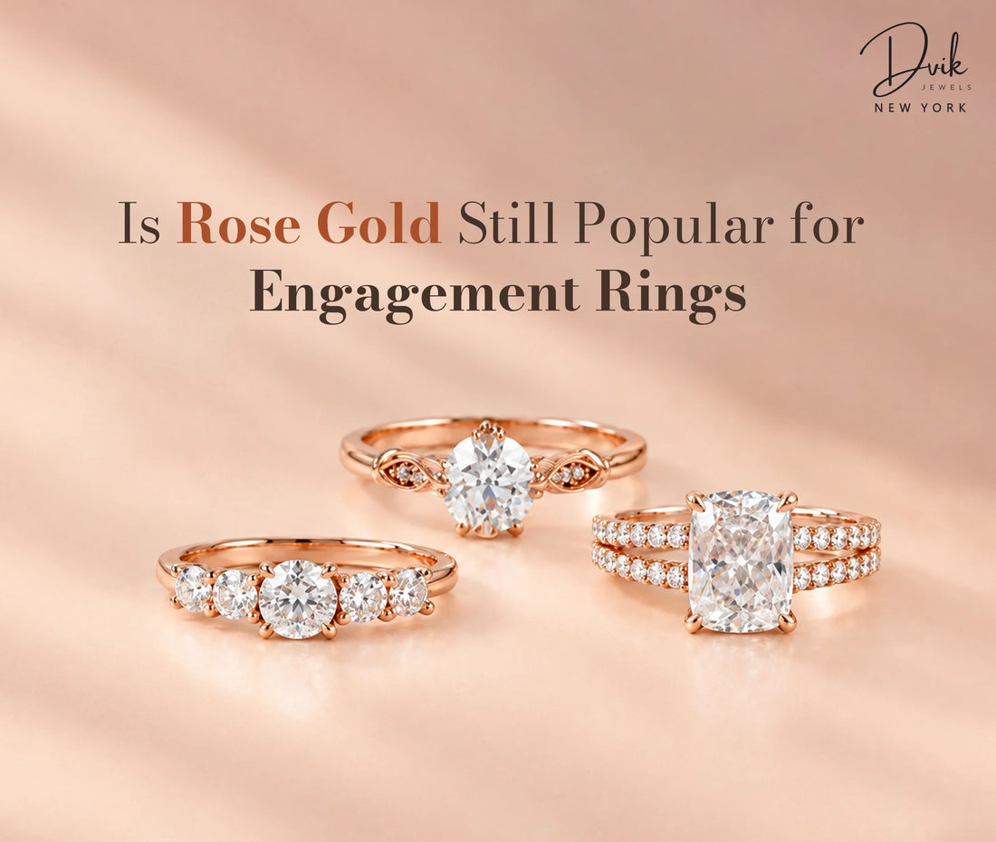 Rose gold engagement rings, by Dvik Jewels, showing popular diamond ring styles for modern brides.