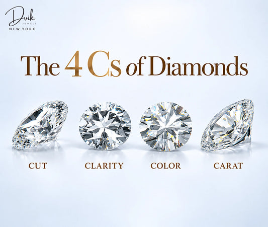 The 4 Cs of diamonds, cut, clarity, color, and carat, explained by Dvik Jewels through four clear diamond examples.