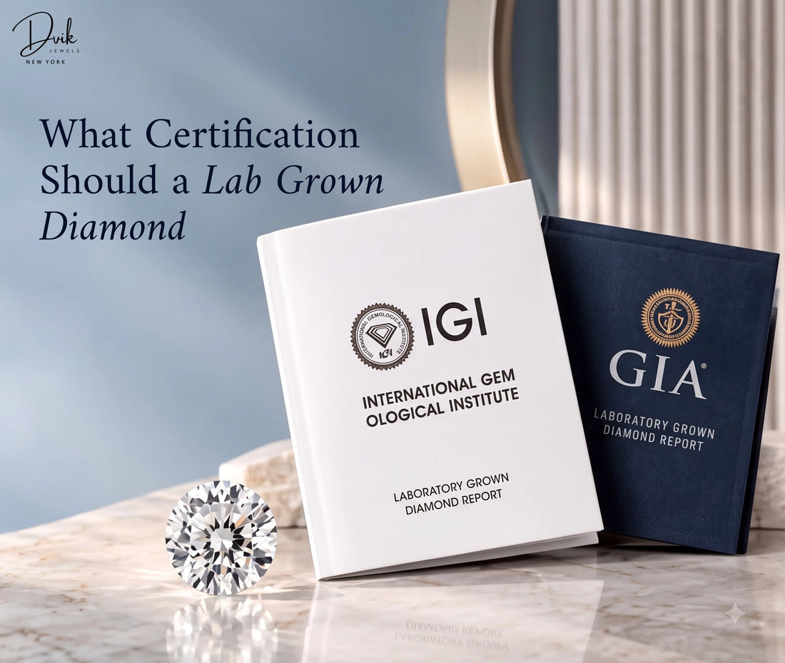 Lab grown diamond certification documents with a loose diamond from Dvik Jewels, showcasing IGI and GIA report.