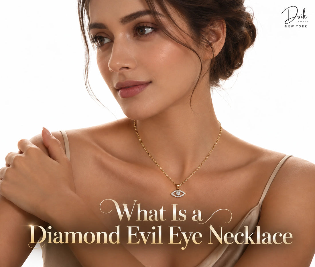 Woman showcasing a diamond evil eye necklace by Dvik Jewels, highlighting its meaning, symbolism, and history.