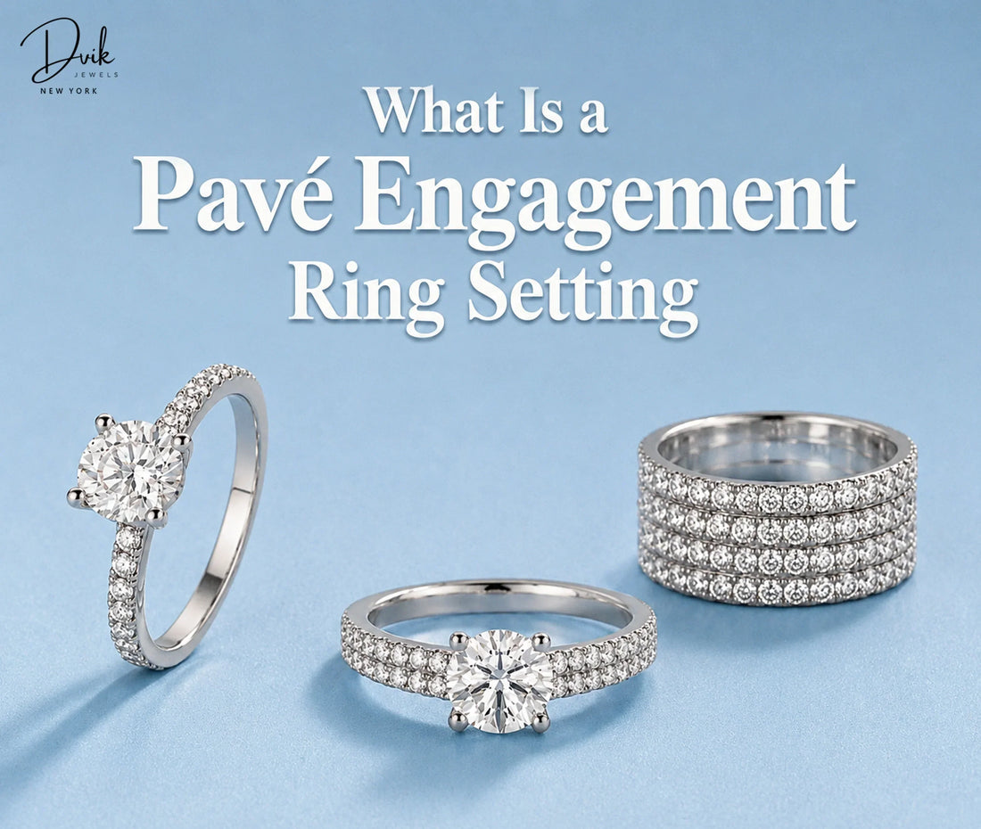 Three pavé diamond engagement rings on a blue background with Dvik Jewels showing detailed pavé ring settings.