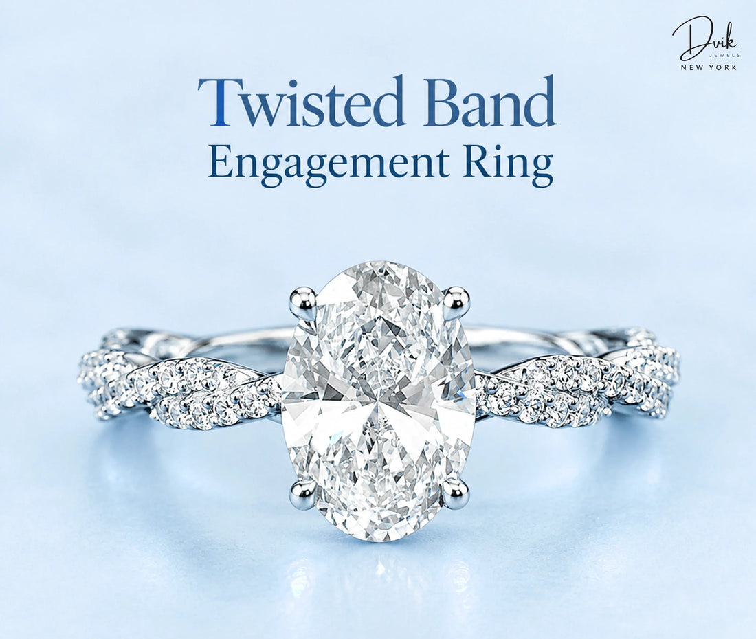 Showcasing an oval lab grown diamond twisted band engagement ring by Dvik Jewels, featuring pavé diamonds and a unique design.