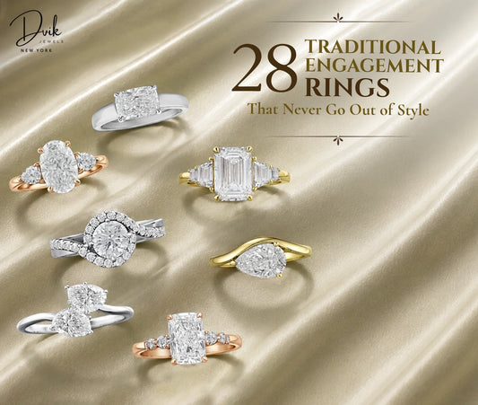 Dvik Jewels New York ad showing traditional diamond engagement rings on a golden silk background.