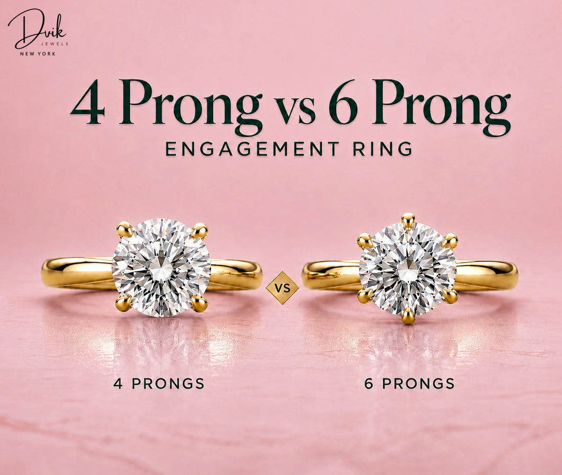 4 and 6 prong round diamond yellow gold engagement rings by Dvik Jewels on a pink background, shown side by side for comparison.