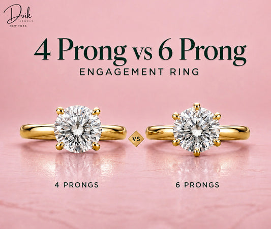 4 and 6 prong round diamond yellow gold engagement rings by Dvik Jewels on a pink background, shown side by side for comparison.