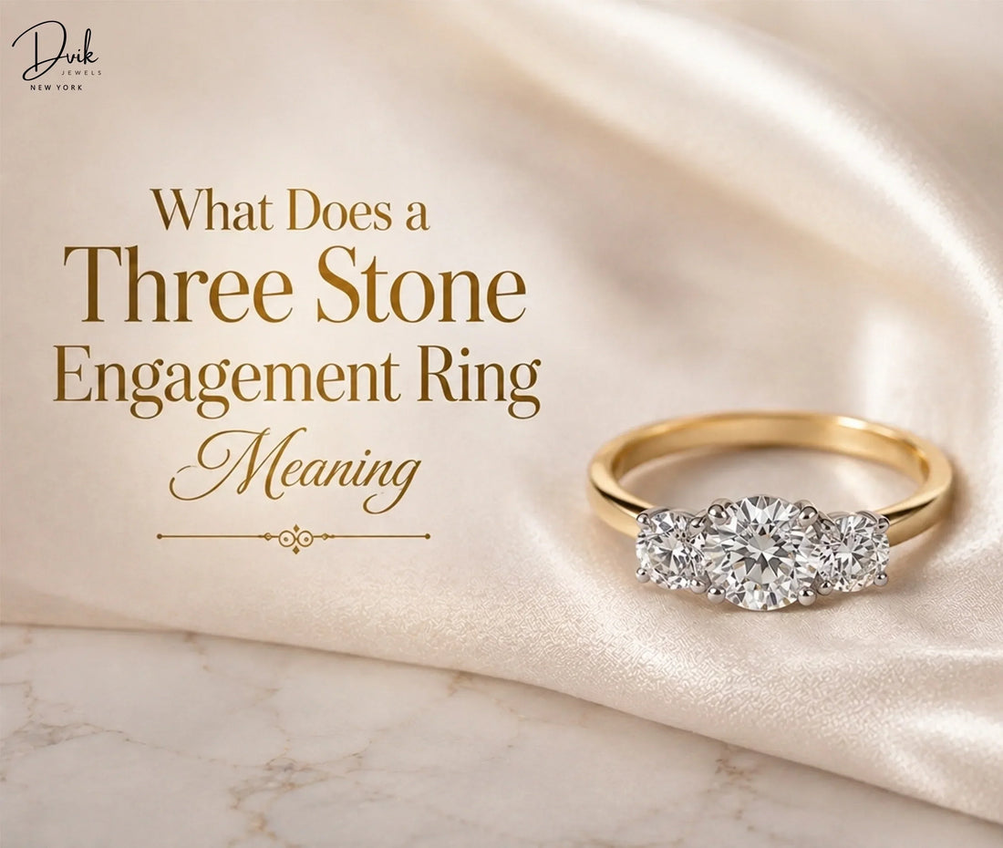 Three stone engagement ring meaning guide by Dvik Jewels with a three diamond ring.