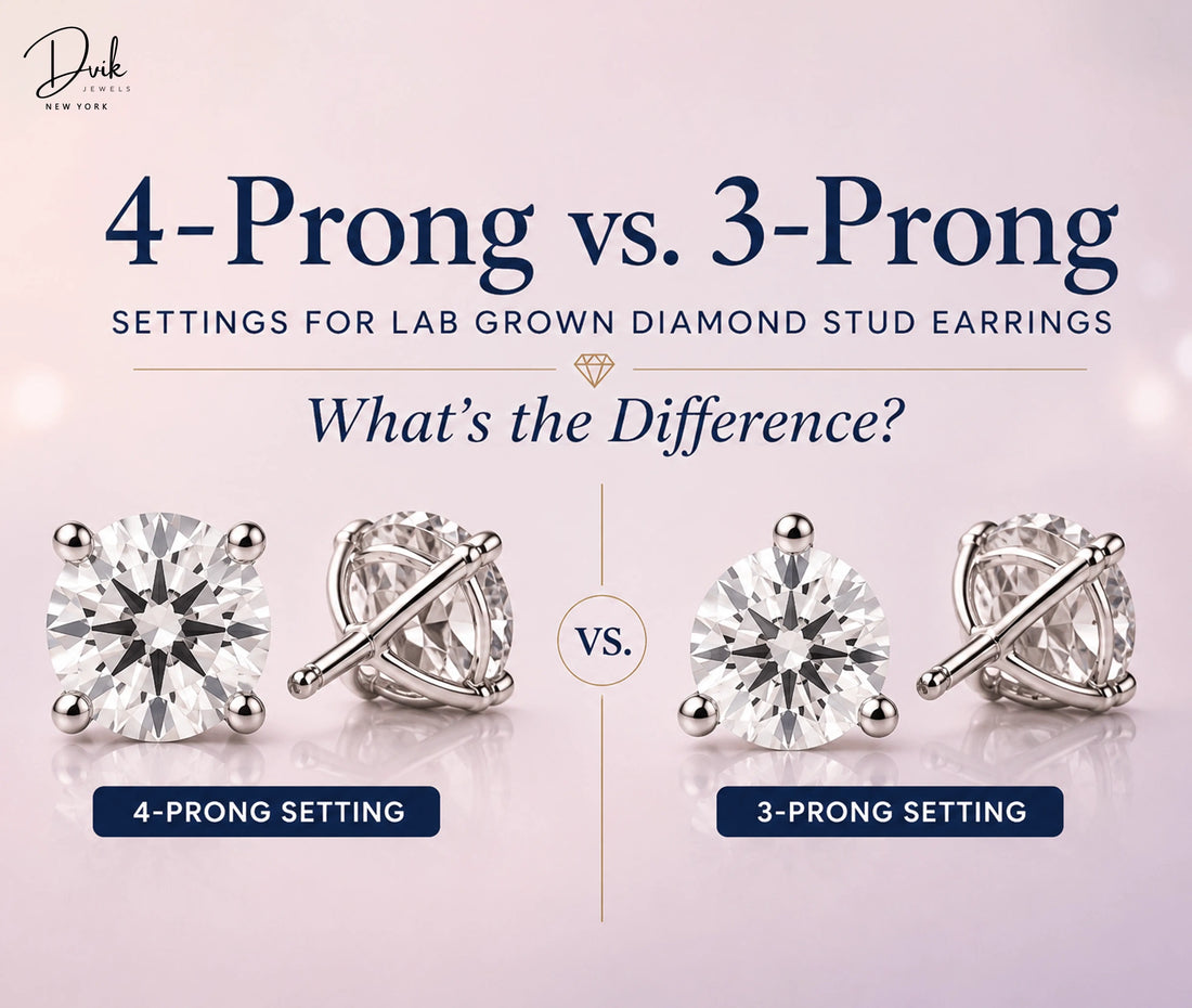 Dvik Jewels 4-Prong vs. 3-Prong Settings for Lab Grown Diamond Stud Earrings comparison graphic showing front and side views of both settings.