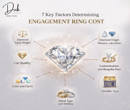 7 factors determining engagement ring cost by Dvik Jewels: Carat, cut, clarity, metal, and diamond origin.