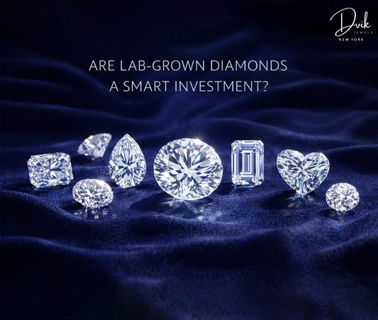 Lab grown diamonds investment guide by Dvik Jewels: Round, heart, and emerald cuts on blue velvet.
