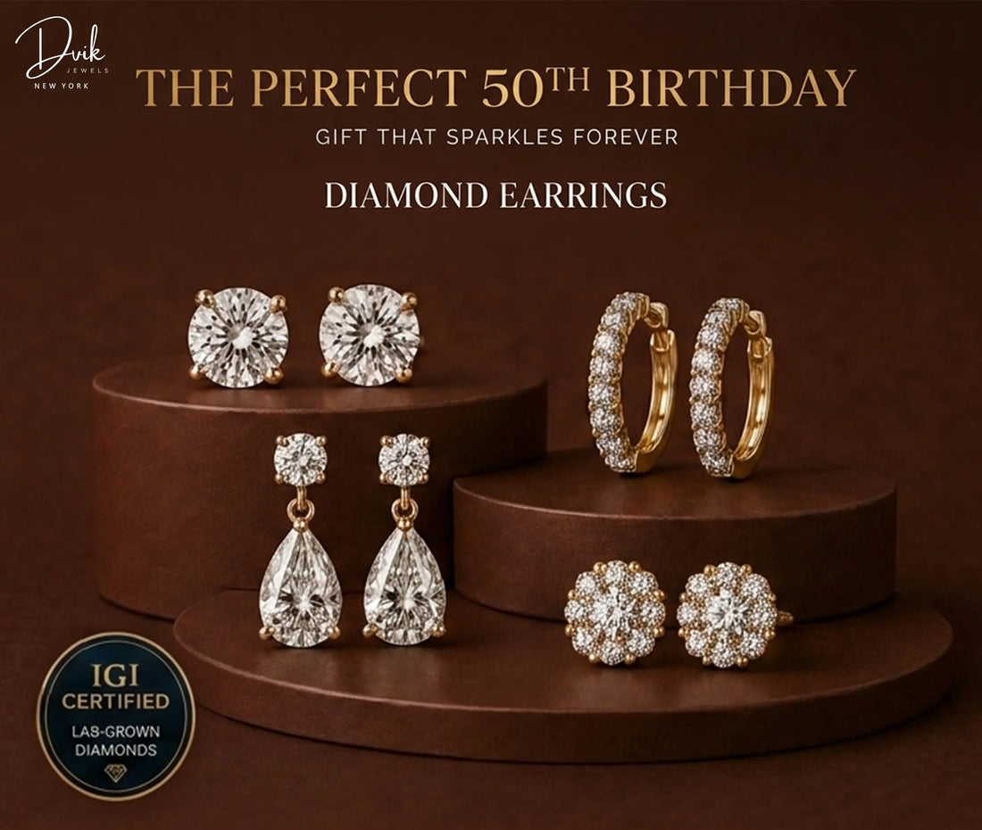 Best 50th birthday diamond earrings gift guide featuring four earring styles by Dvik Jewels
