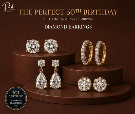 Best 50th birthday diamond earrings gift guide featuring four earring styles by Dvik Jewels