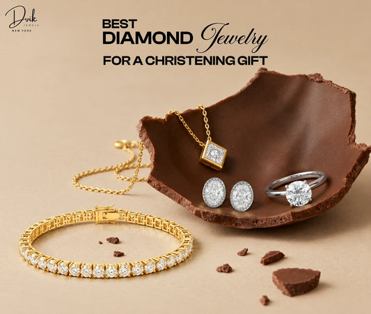 Best diamond jewelry for a christening gift featuring a diamond necklace, earrings, solitaire ring and gold tennis bracelet by Dvik Jewels. 
