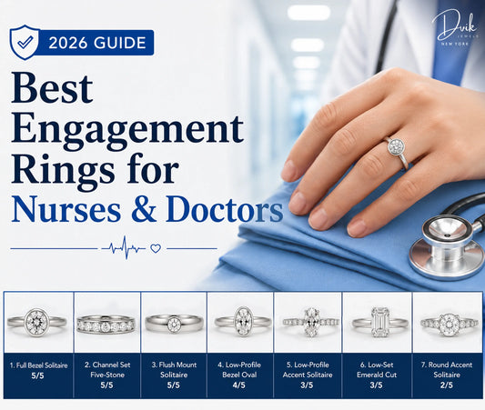 Best Engagement Rings for Nurses and Doctors by Dvik Jewels New York, featuring a healthcare professional wearing a bezel-set ring and showcasing a catalog of 7 practical low-profile and secure ring styles.