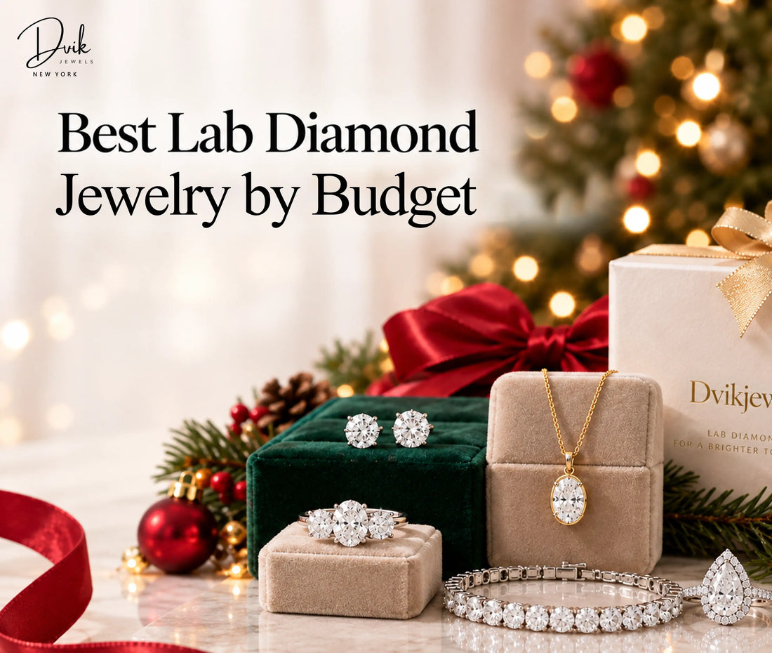 Lab diamond jewelry gifts including rings, earrings, necklace, and a tennis bracelet by budget.