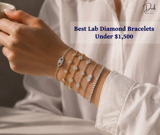 A close-up of a person's wrist wearing six layered lab diamond bracelets, with text overlay reading "Best Lab Diamond Bracelets Under $1,500