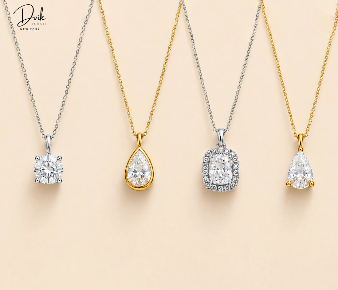 Best lab grown diamond pendant necklaces under $1000 featuring round, pear, and cushion-cut shapes in white and yellow gold chains by Dvik Jewels.
