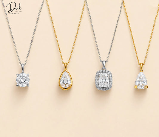 Best lab grown diamond pendant necklaces under $1000 featuring round, pear, and cushion-cut shapes in white and yellow gold chains by Dvik Jewels.