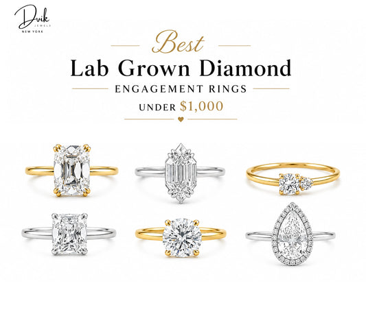Best lab grown diamond engagement rings under 1000 dollars by Dvik Jewels New York, featuring emerald, marquise, round, and pear cut diamond rings.
