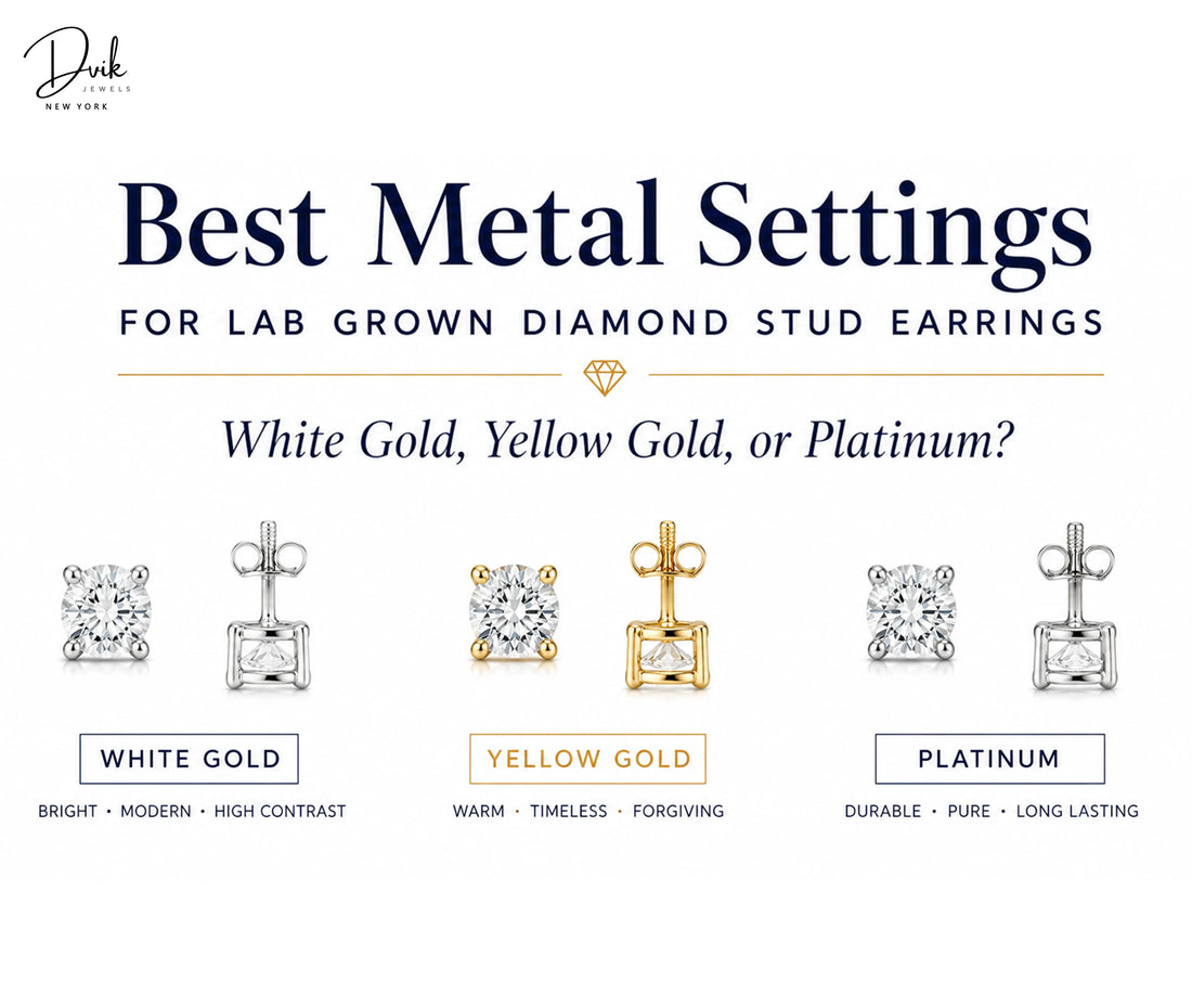 Lab grown diamond stud earrings by Dvik Jewels showing three metal settings: White Gold , Yellow Gold , and Platinum.