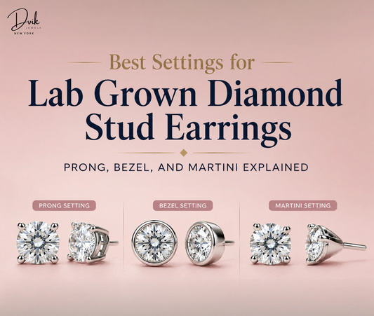 Best settings for lab grown diamond stud earrings showcasing prong, bezel, and martini styles by Dvik Jewels.
