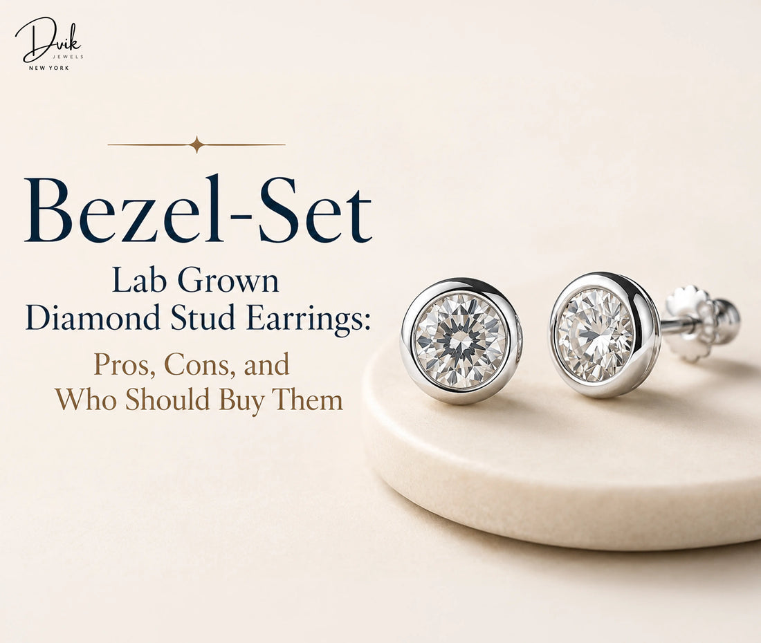 Bezel Set Lab Grown Diamond Stud Earrings displays a pair of bezel set earrings from Dvik Jewels on a cream-colored stand.