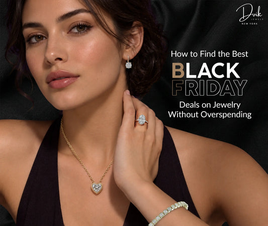Black Friday jewelry deals featuring a woman wearing diamond earrings, a heart pendant necklace, a diamond ring and a tennis bracelet. 
