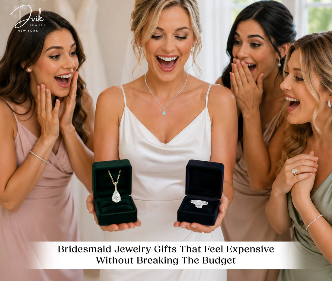 A happy bride showing a diamond pendant necklace and ring in gift boxes to her excited bridesmaids, featuring affordable luxury bridesmaid jewelry gifts by Dvik Jewels