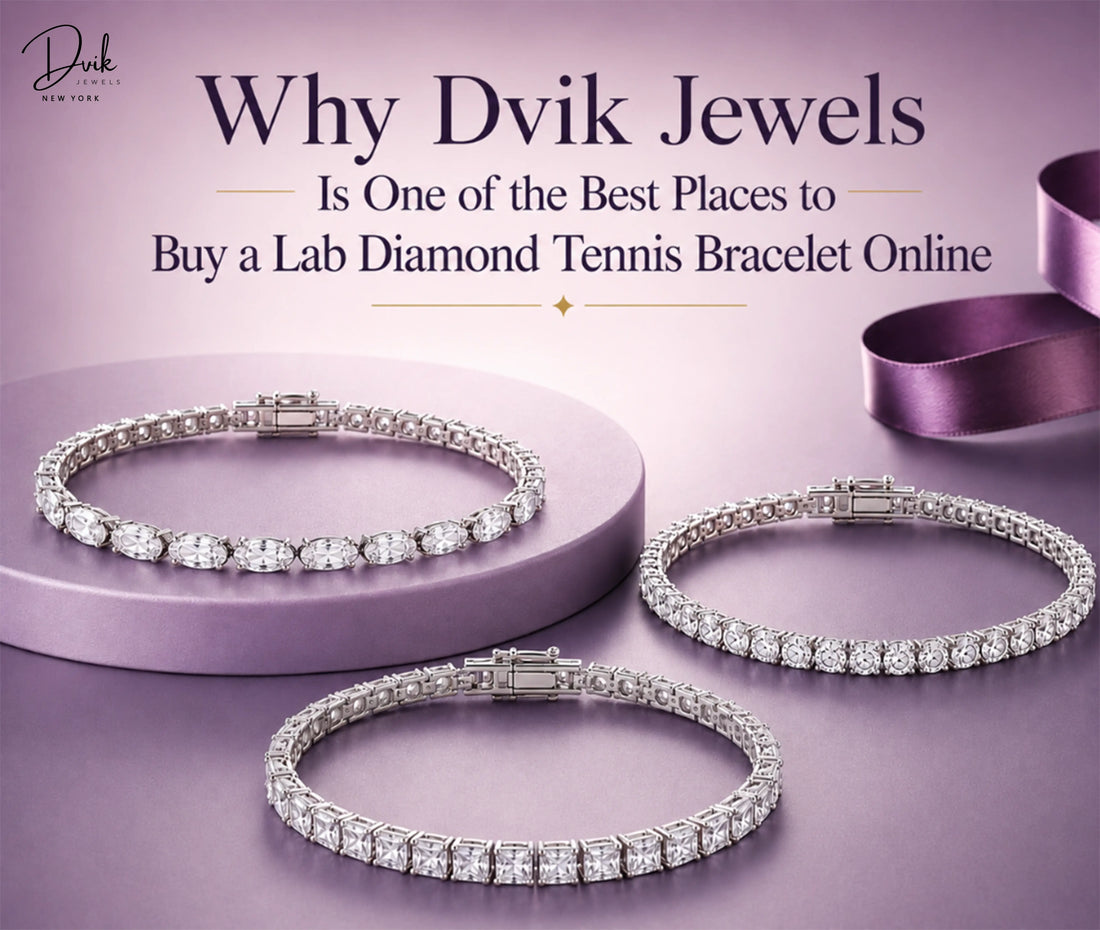 Dvik Jewels showcasing oval, round, and princess cut tennis bracelet on a soft purple background.