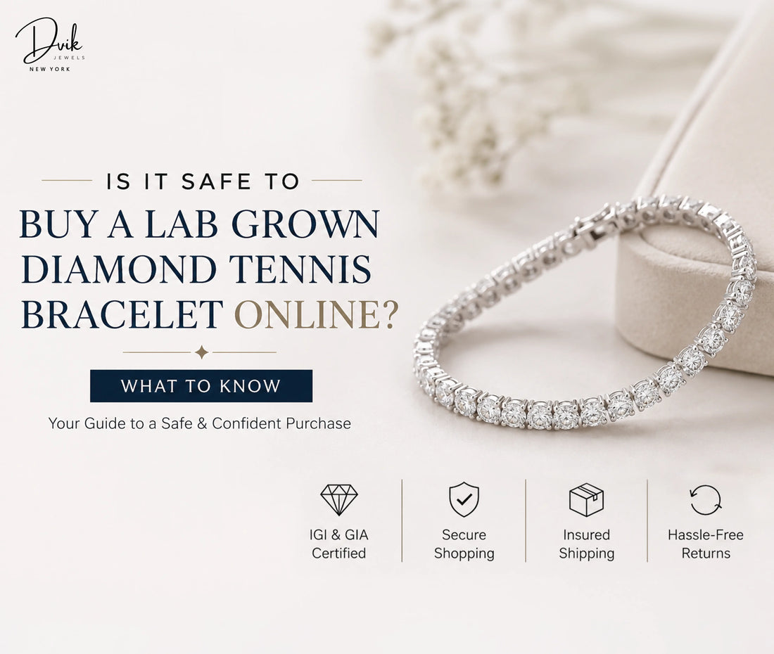 Lab grown diamond tennis bracelet by Dvik Jewels, featuring IGI and GIA certification, secure online shopping, insured shipping, and hassle-free returns.