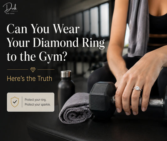 Woman holding a dumbbell in a gym wearing a diamond ring, with text asking if you can wear fine jewelry while working out.