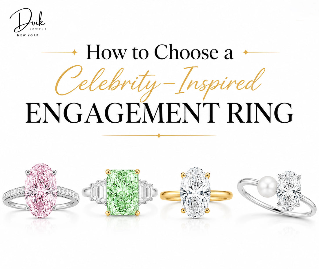 Dvik Jewels Celebrity Inspired Engagement Ring guide featuring four styles: pink oval diamond, green radiant-cut with baguettes, oval diamond solitaire, and pearl bypass ring.