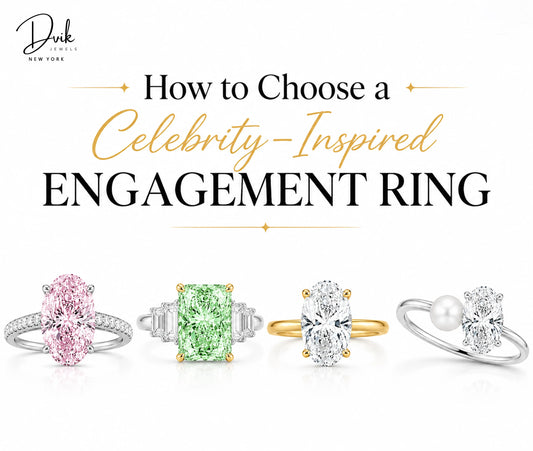 Dvik Jewels Celebrity Inspired Engagement Ring guide featuring four styles: pink oval diamond, green radiant-cut with baguettes, oval diamond solitaire, and pearl bypass ring.