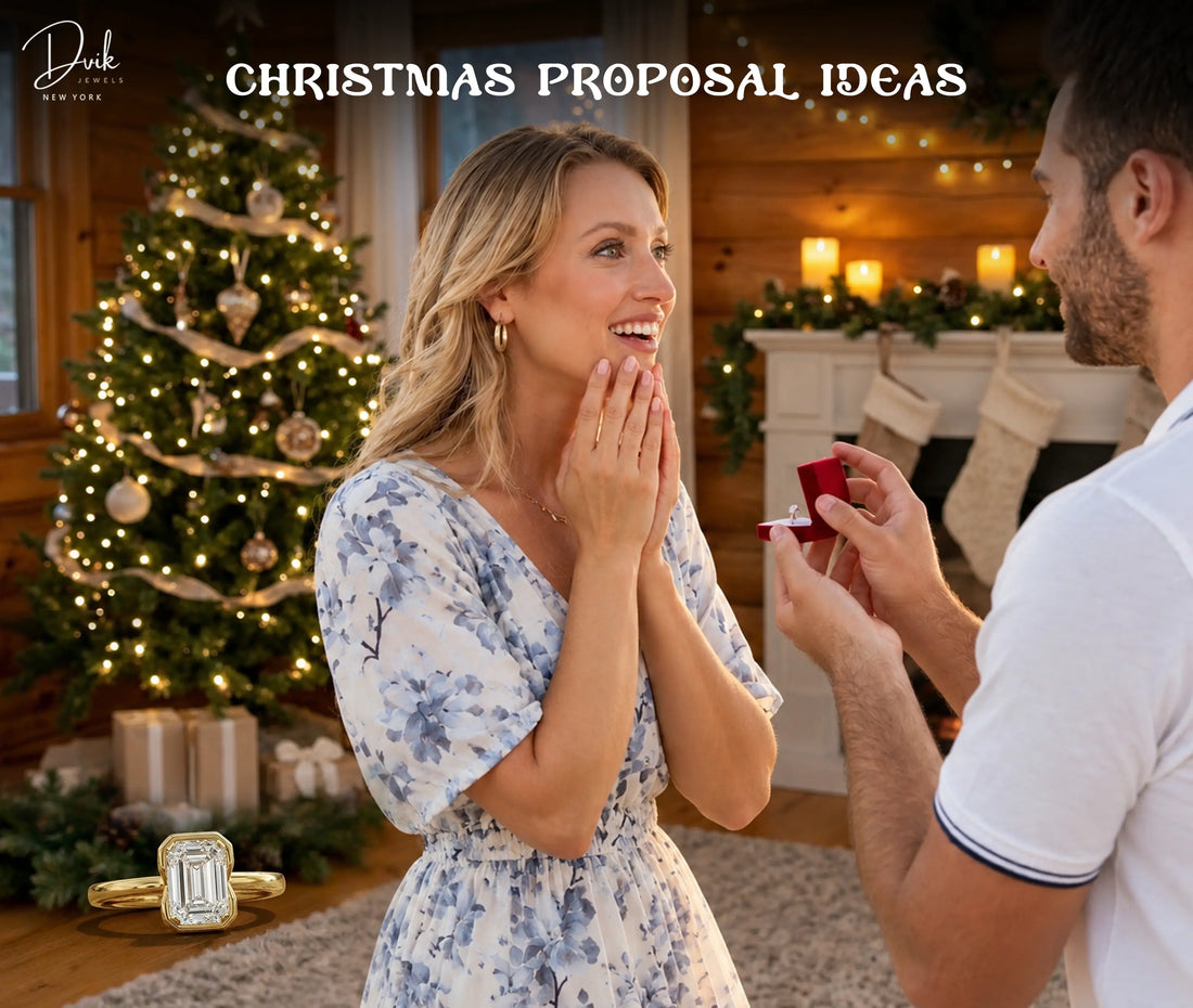 Christmas proposal ideas featuring a romantic holiday marriage proposal with a diamond engagement ring, a surprised bride-to-be, and a beautifully decorated Christmas tree.